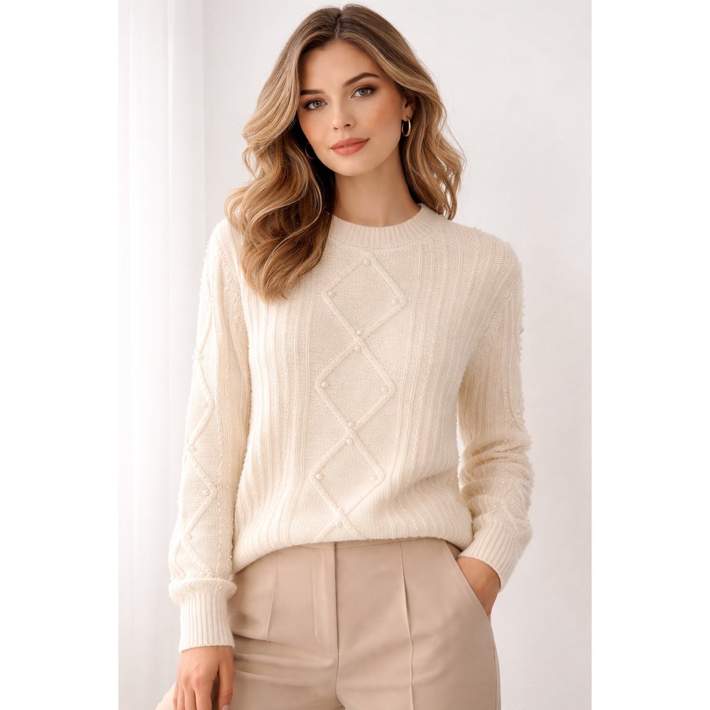 C by Bloomingdales 2 Ply Cashmere Sweater Womens XS Ivory Pearl Embellished - Picture 14 of 14